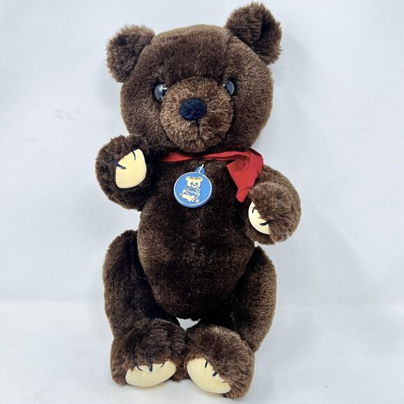 Dakin Theodore 1981 Teddy Bear Jointed Dark Brown Plush Red Bow Vintage with TAG - Picture 2 of 10